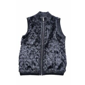 Chicos Vest Size 1 Black Faux Fur  Full Zip Jeweled